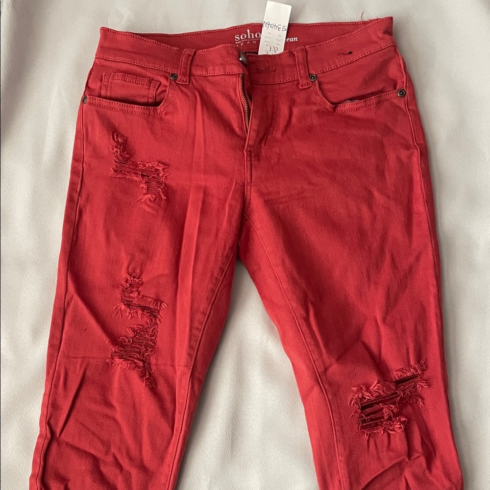 Women's Red Distressed Jeans